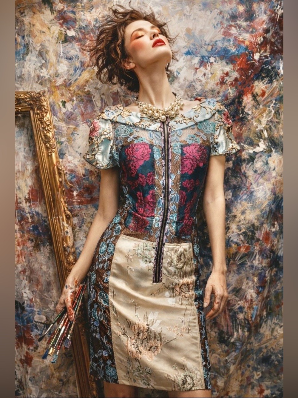 Byron Lars Multi-Color Floral Embroidered Midi Dress